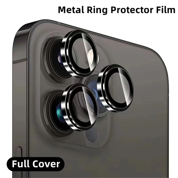 A close-up view of a phone camera module protected by a metal ring protector film.