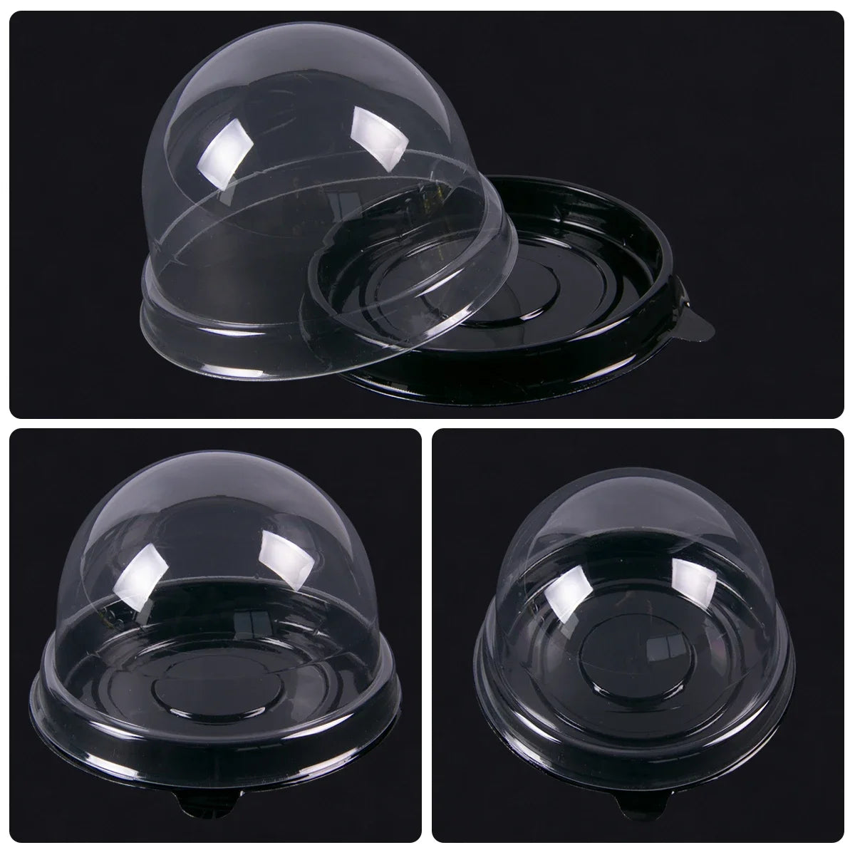 Petits emporte-mur de plastique transparent avec couvercles en dôme, présentés sous différents angles