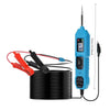 A blue automotive circuit tester device with an LED voltage display and a black cable is shown next to a coil of black wire.