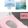 Various disposable toilet seat covers in light blue, pink, and mint green colors shown for different sizes.
