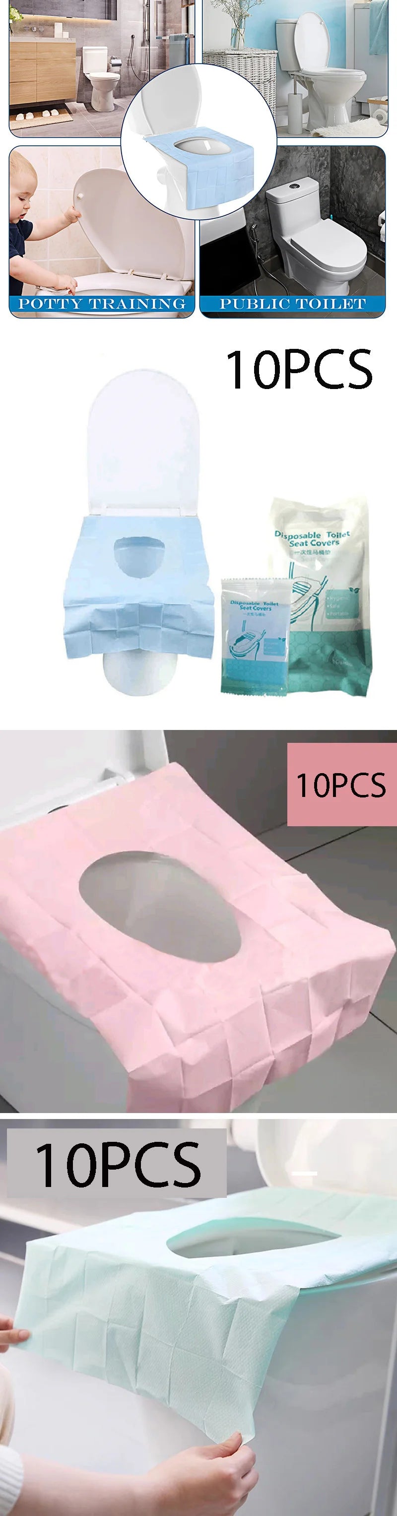 Various disposable toilet seat covers in light blue, pink, and mint green colors shown for different sizes.