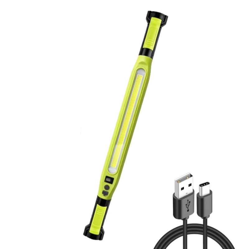 A long, yellow-green magnetic rechargeable COB work light with a hook and power bank attached to the end.