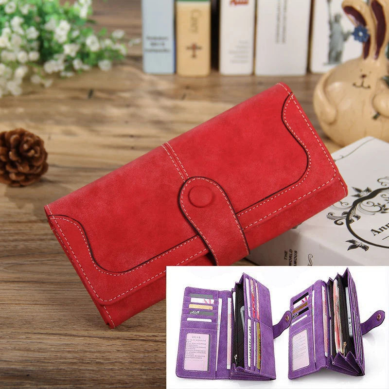 Women's RFID-Blocking Nubuck Leather Long Wallet with Multiple Card Slots