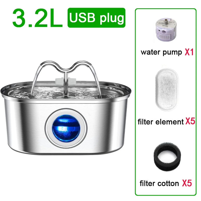 Fuente de Agua para Mascotas de Acero Inoxidable 3.2L