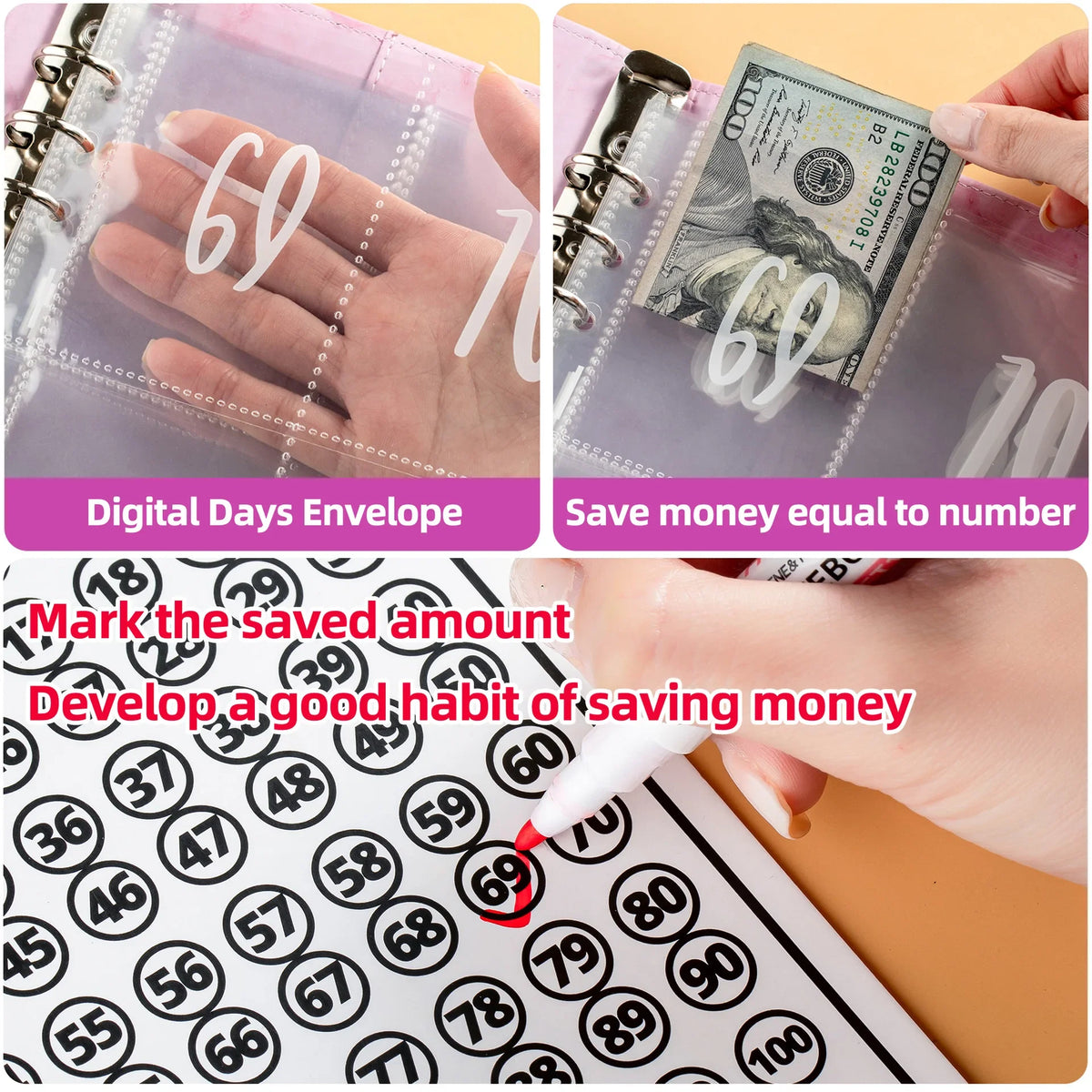 Marble A5 Savings Challenge Binder with 100 Cash Envelopes