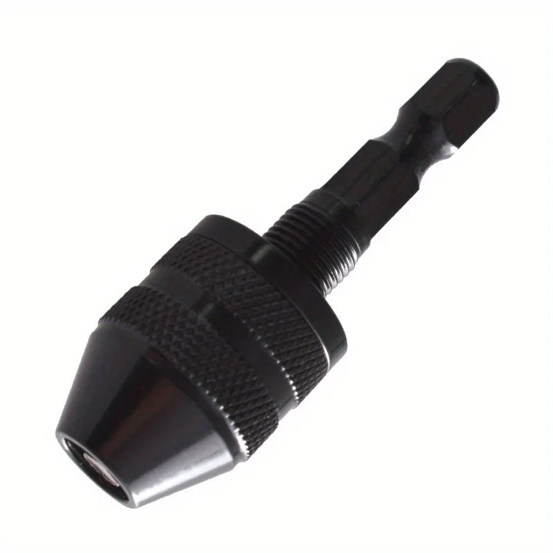 A black quick-change hex shank drill chuck with a round handle.