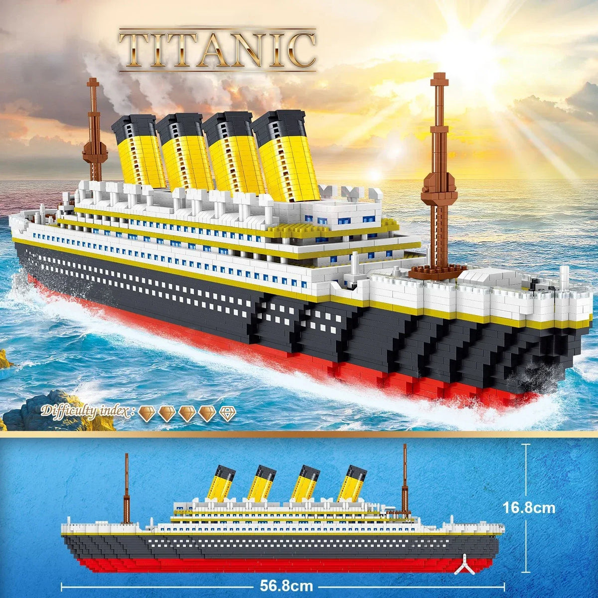 A detailed building block model of the Titanic ship, featuring black, white, and yellow sections on the deck and hull.