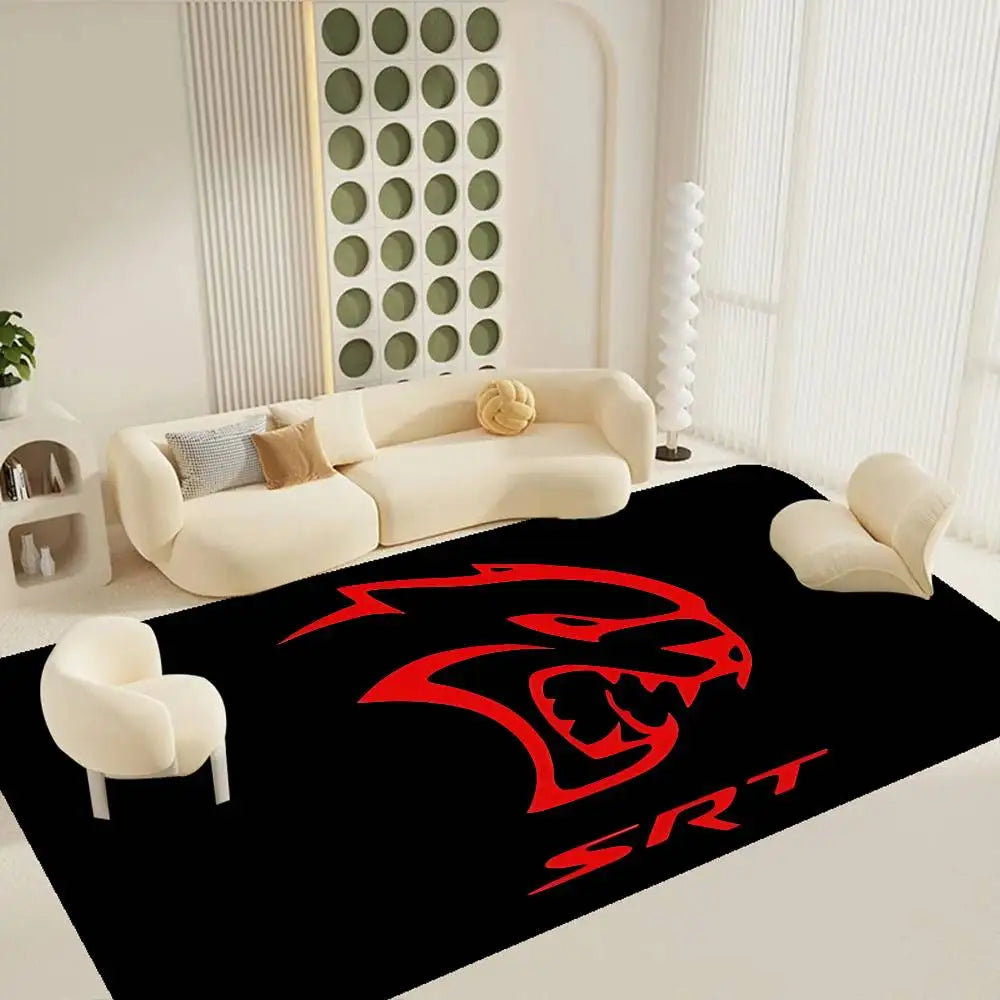 A black doormat featuring a red stylized roaring lion head design on a white floor.
