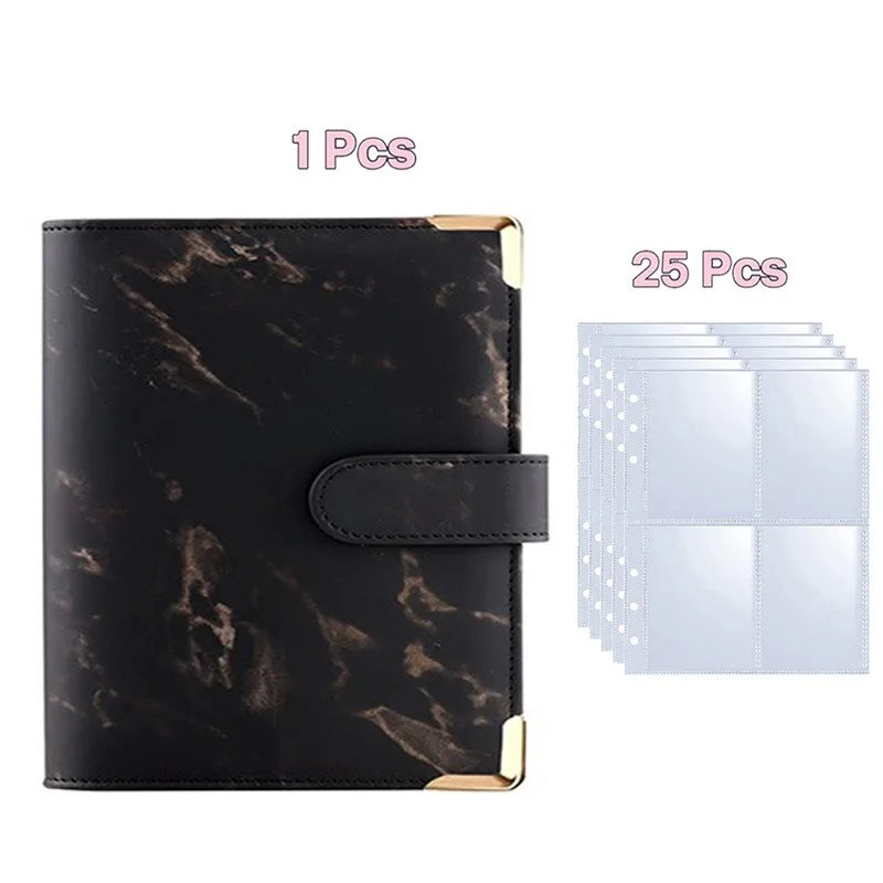 A black marbled PU photocard album with a gold accent and 25 included pages.