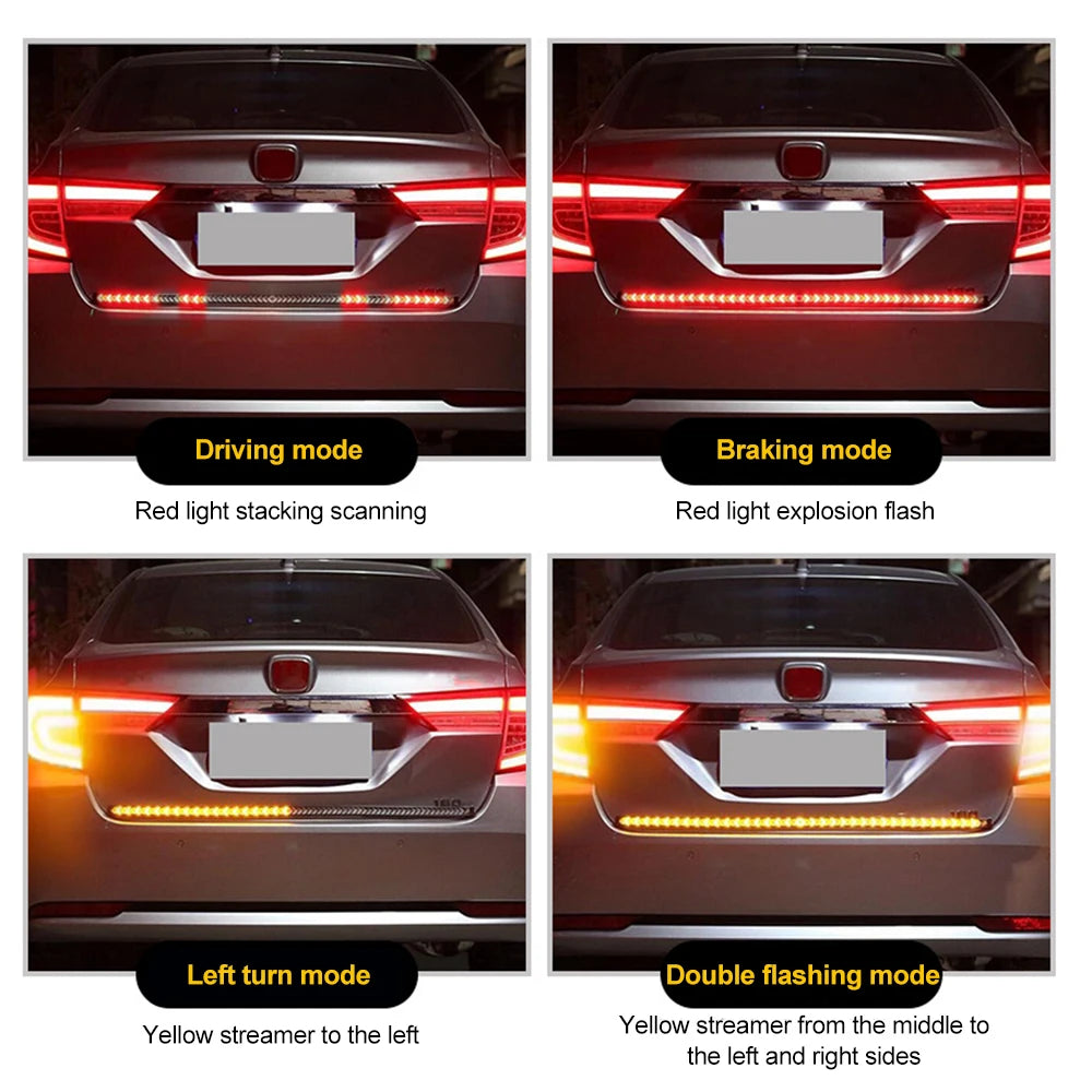 Flexible LED tailgate light bar demonstrating driving mode, braking mode, left turn mode, and double flashing mode.