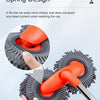 An orange extendable car wash mop with a dual chenille brush head is shown being used on a car body.
