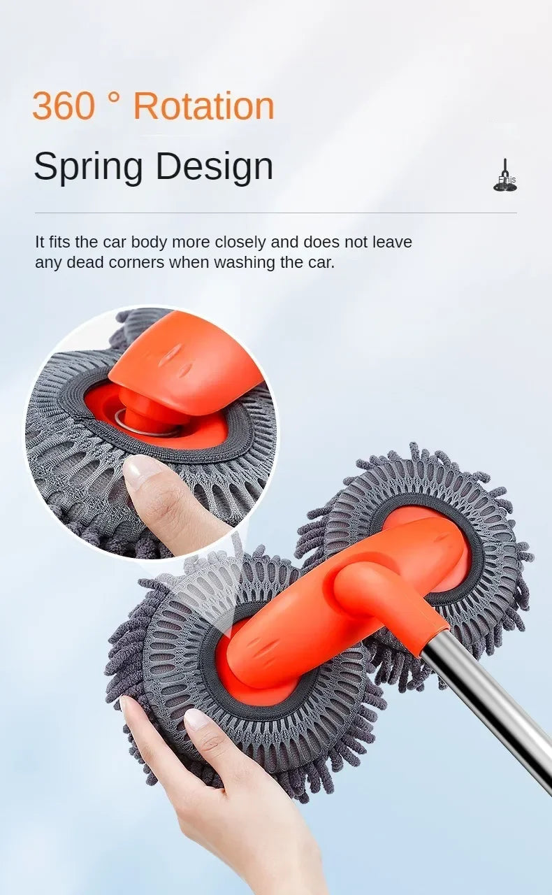 An orange extendable car wash mop with a dual chenille brush head is shown being used on a car body.