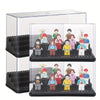 Clear acrylic display case with black trays holding various miniature figurines and collectibles.