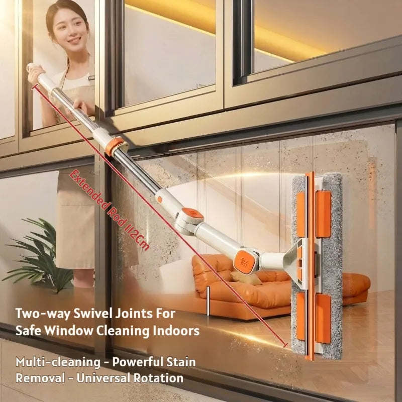 A two-way swivel joint window cleaning tool with an extension handle and squeegee used for safe indoor window cleaning.