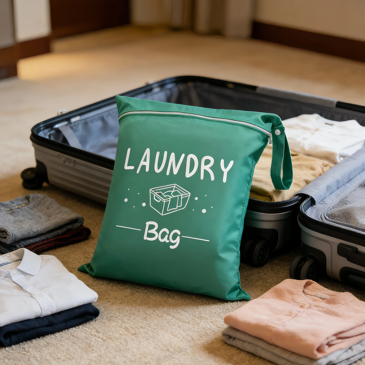A green portable waterproof laundry bag is placed on a light brown carpet next to a storage container.