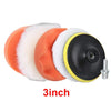 A 6-piece car polishing pad kit with a drill adapter showing orange and white foam pads.