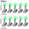 Ten pairs of silver clip-on fishing rod bite alarm bells with green plastic indicators