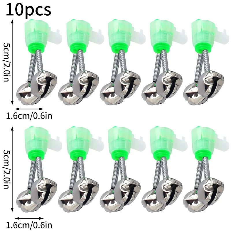 Ten pairs of silver clip-on fishing rod bite alarm bells with green plastic indicators