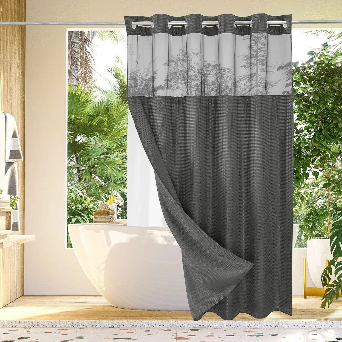 Double-Layer Waffle Shower Curtain with Built-in Snap Liner