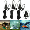 Three black rope tensioner hooks with ratchet pulleys shown alongside camping tents.
