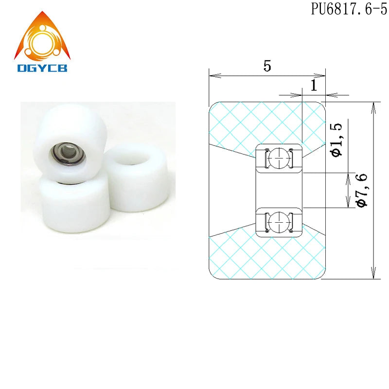 Roll of white PU coated fingerboard wheels with precision bearings and technical drawing specifications