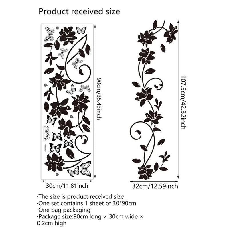 A vertical display showing the size specifications for a black flower butterfly wall sticker product.