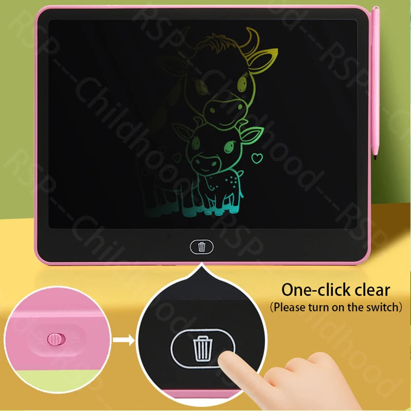 Une tablette d'écriture LCD rose pour enfants avec un doigt qui appuie sur l'interrupteur d'alimentation pour effacer l'écran