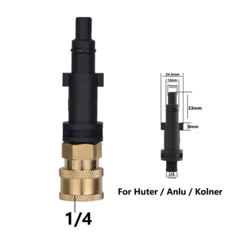 A black and brass quick release adapter for a huter, anlu, or kolner tool.