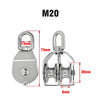 M20 heavy duty swivel double pulley block made of 304 stainless steel with various dimensions shown.