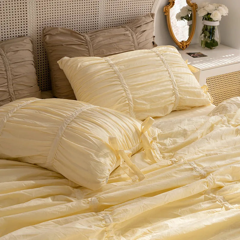 Washed Cotton Ruffle Bedding Set with Bow Ties – Pure White