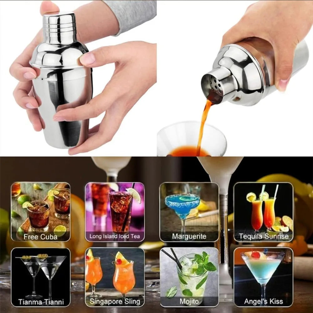 Stainless steel cocktail shaker being used to pour orange liquid into a glass.