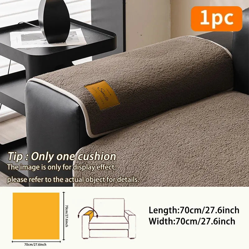 A brown anti-slip lamb fleece sofa mat is shown on a black sofa, with dimensions of 70cm by 27.6inch.
