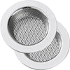 A set of two round stainless steel sink drain strainers with perforated mesh.