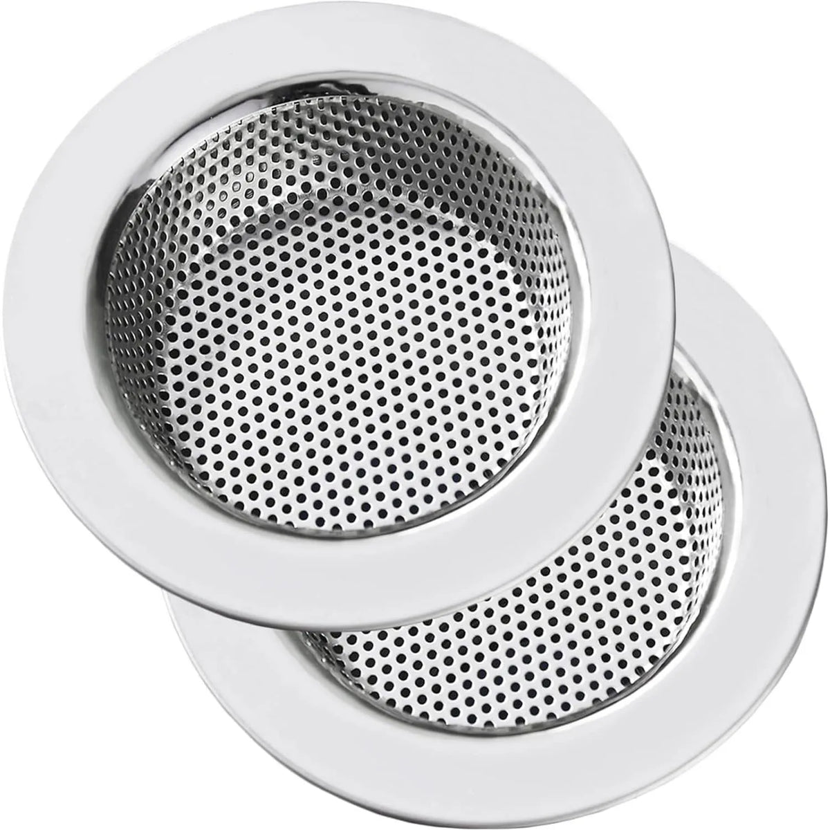 A set of two round stainless steel sink drain strainers with perforated mesh.