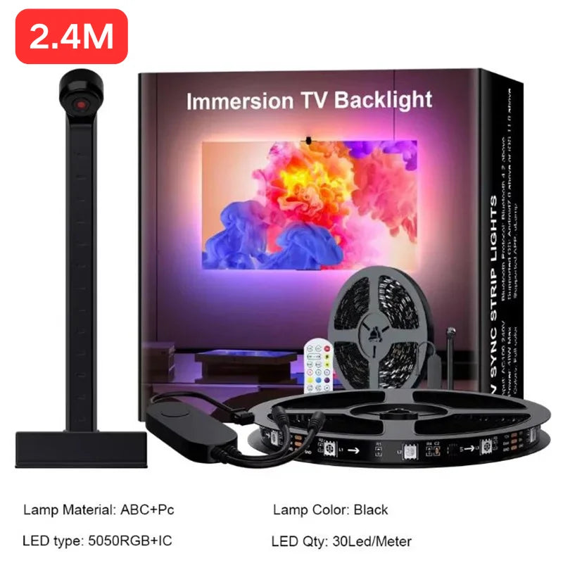 Black immersion TV backlight with camera sync lights and a control disc for TVs