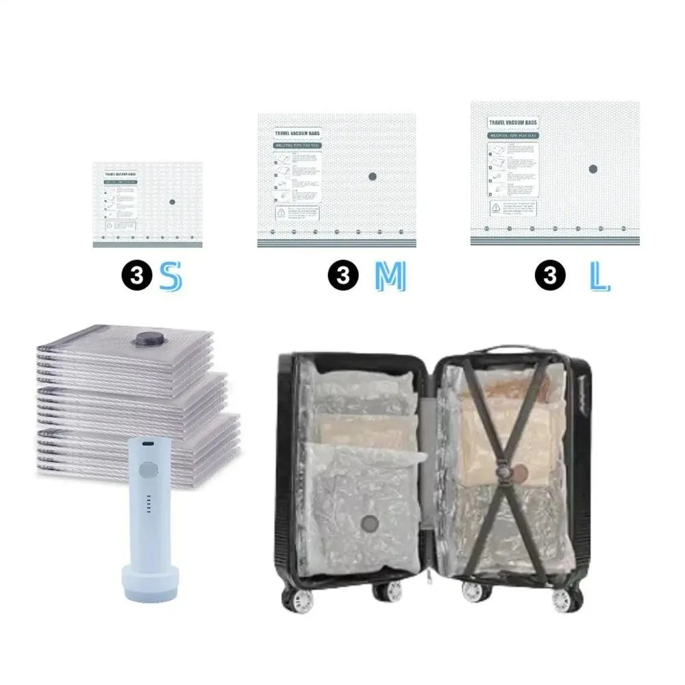 Three sizes of portable vacuum compression bags shown alongside a handheld vacuum device.