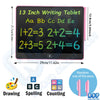 A pink 13 inch LCD writing tablet showing numbers and letters on a black screen with drawing, spelling, and counting function