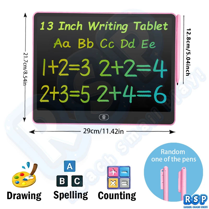 A pink 13 inch LCD writing tablet showing numbers and letters on a black screen with drawing, spelling, and counting function