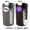 Two dark gray laundry hampers with hanging rods and a small white bag