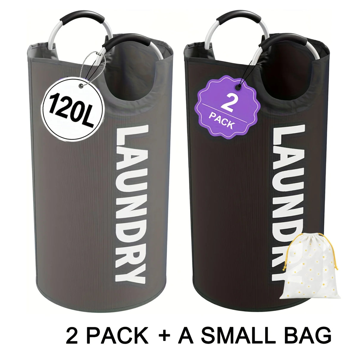 Two dark gray laundry hampers with hanging rods and a small white bag