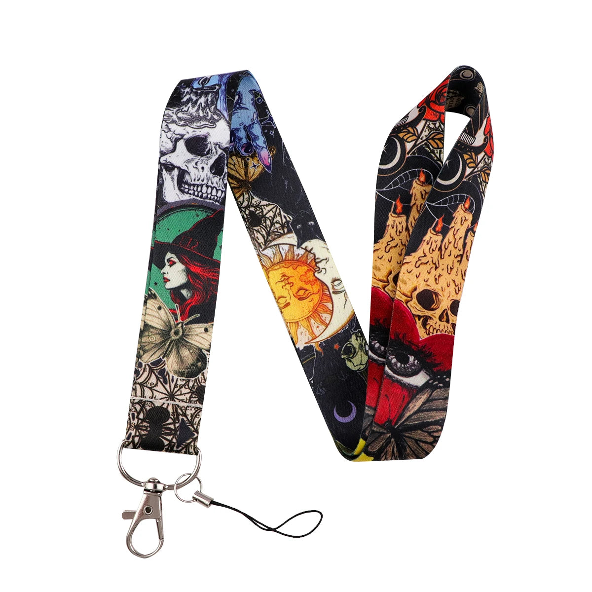 A black and white patterned lanyard featuring skulls, suns, and eyes for an ID badge holder.