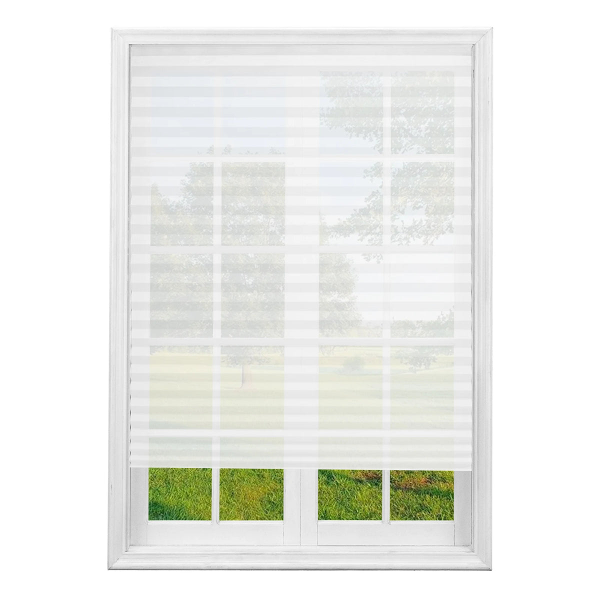 White pleated paper window blind installed in a white frame, showing a light translucent shade.