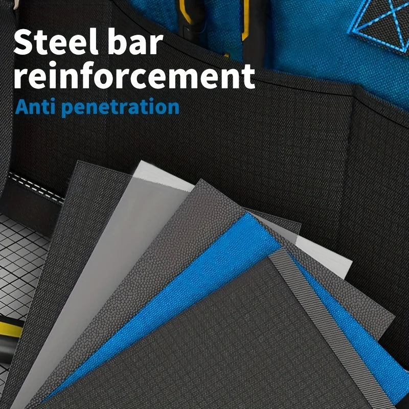 A close-up view of a heavy-duty tool bag showing various colored, reinforced fabric panels.