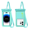 A teal waterproof floating phone case with a strap is shown in a vertical orientation.