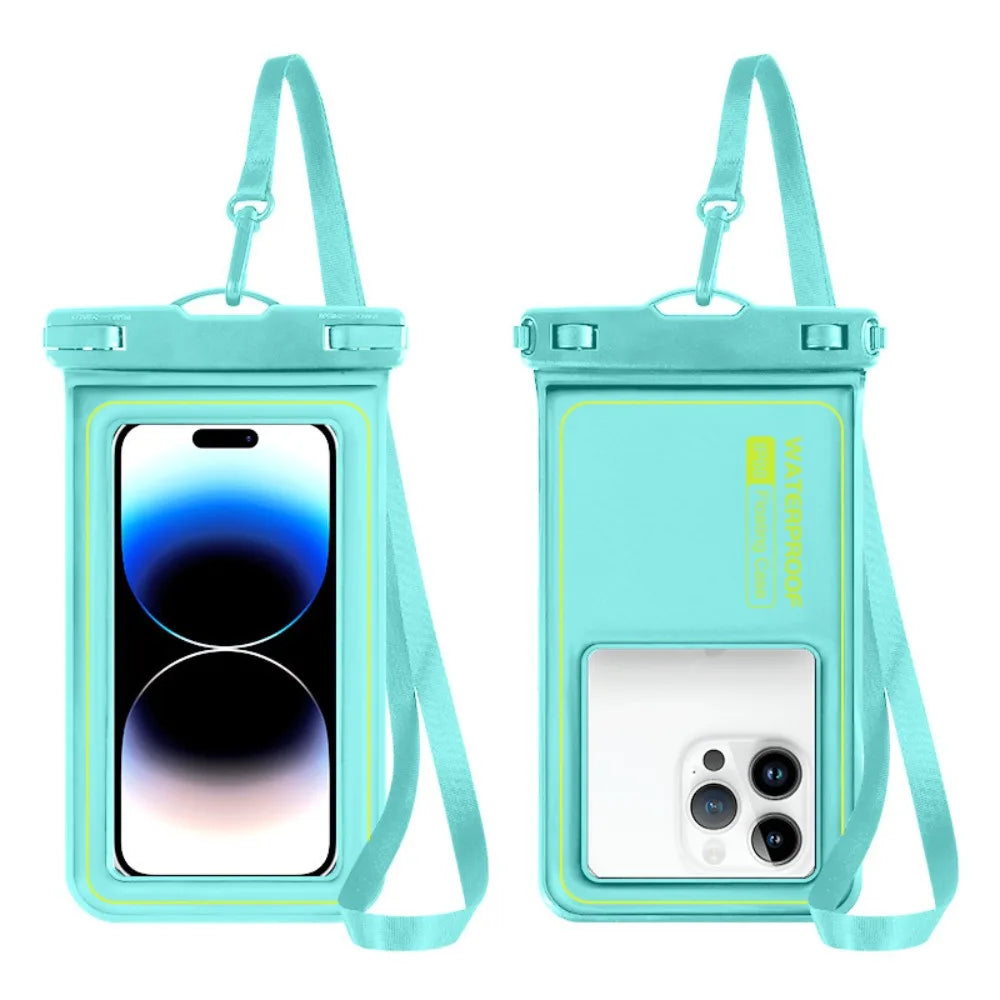 A teal waterproof floating phone case with a strap is shown in a vertical orientation.
