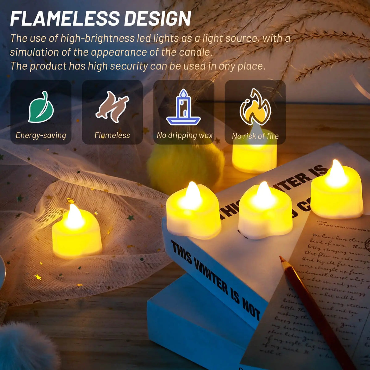 Heart-Shaped LED Tea Lights with Silk Rose Petals