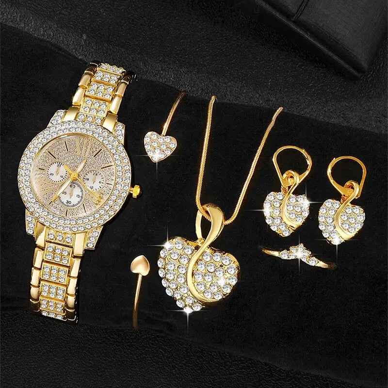 Gold Rhinestone Watch & Jewelry Set