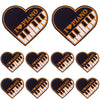 Ten heart-shaped embroidered iron-on patches featuring the word PIANO and a piano keyboard design