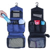 A dark blue hanging toiletry bag with a waterproof lining and multiple compartments shown on a white background.