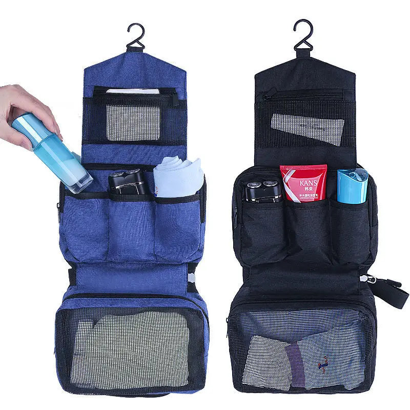 A dark blue hanging toiletry bag with a waterproof lining and multiple compartments shown on a white background.